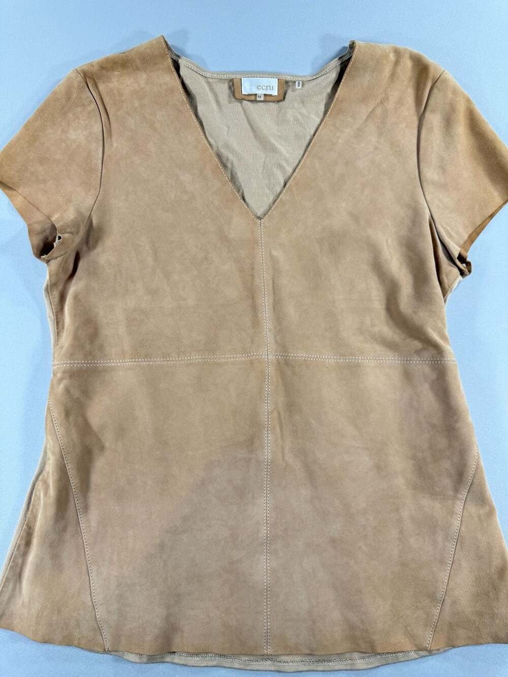 Ecru Genuine Suede V-Neck Short Sleeve Top Tan Size XS
